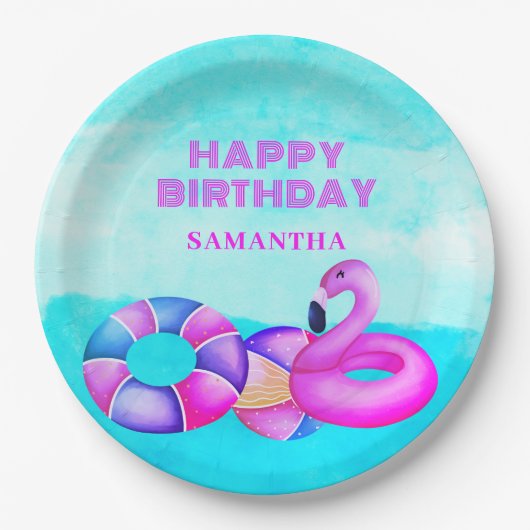 Birthday Pool Party Pink Flamingo Papieren Bordje (Voorkant)
