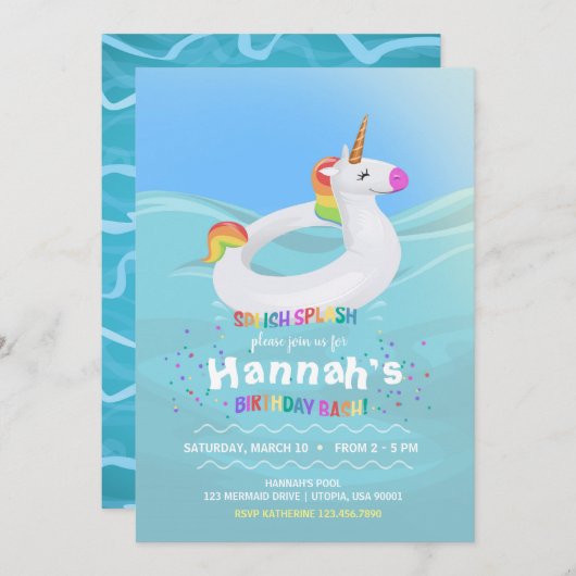 Birthday Pool Party Unicorn Float Uitnodiging (Voorkant / Achterkant)