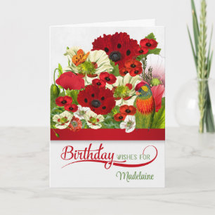 Birthday Poppies met Butterfly en Loriket Name Kaart