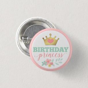 Birthday Princess Gold Crown & Shabby Pink Floral Ronde Button 3,2 Cm