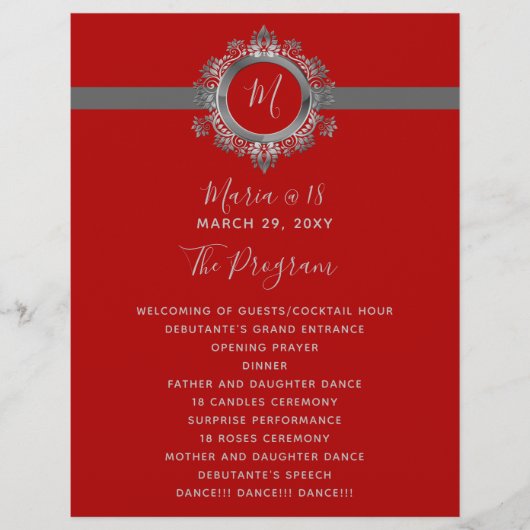 Birthday-programma's voor rood en grijs monogram (Voorkant)