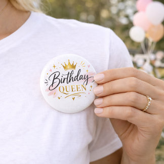 Birthday Queen Elegant Script with Gold Crown Ronde Button 5,7 Cm