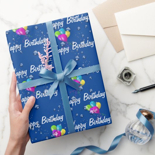 Birthday Raindrops-ballonnen op blauw Cadeaupapier (Geschenken)