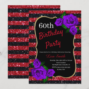 Birthday Red Black Stripes Glitter Paarse Rozen Kaart