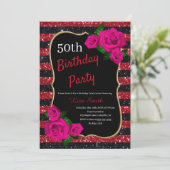 Birthday Red Black Stripes Glitter roze rozen Kaart (Staand voorkant)