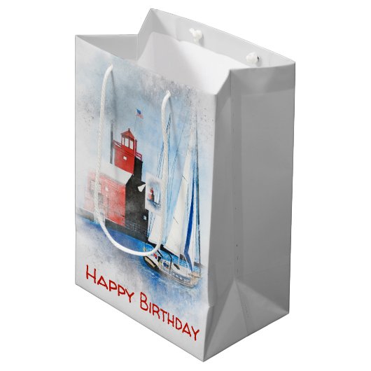 Birthday Red Michigan Lighthouder met Sailboot Medium Cadeauzakje (Voorkant Gekanteld)