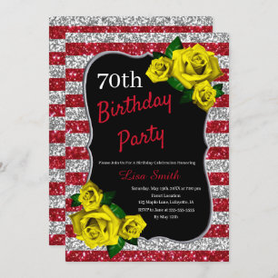 Birthday Red Silver Stripes Glitter Yellow Roses Kaart