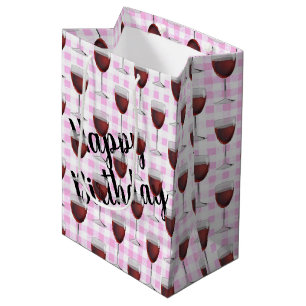 Birthday Red Wine op roze gingham Medium Cadeauzakje