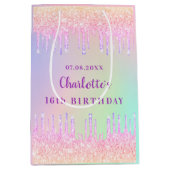 Birthday regenbooglitter druipt roze monogram medium cadeauzakje (Voorkant)