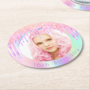 Birthday regenbooglitter druist aangepaste foto ro ronde kartonnen onderzetter