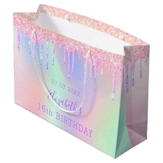 Birthday regenboogroze glitter druppelt monogram groot cadeauzakje (Achterkant Gekanteld)