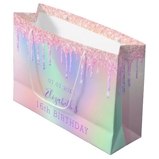 Birthday regenboogroze glitter druppelt monogram groot cadeauzakje (Voorkant Gekanteld)