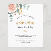Birthday roos floral eucalyptus budget uitnodiging flyer (Voorkant)