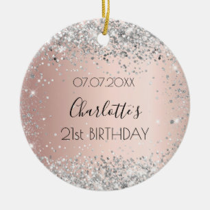 Birthday roos gold blush Silver glitter name Keramisch Ornament
