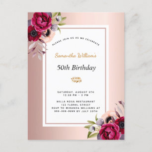 Birthday roos gold burgundy floral uitnodiging briefkaart