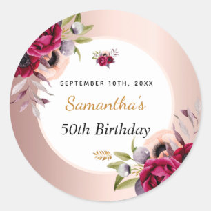 Birthday roos gold burgundy florale elegant ronde sticker