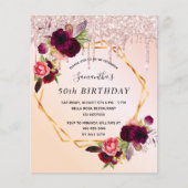 Birthday roos gold floral budget invitation flyer (Voorkant)