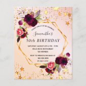 Birthday roos gold florals budget uitnodiging flyer (Voorkant)