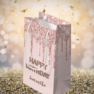 Birthday roos gold glitter druppelt monogram luxe klein cadeauzakje