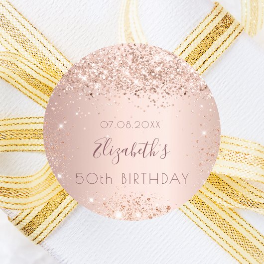 Birthday roos Gold glitter monogram stofmonogram Ronde Sticker