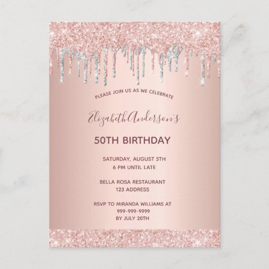Birthday roos gold glitter Silver nodiging Briefkaart (Voorkant)