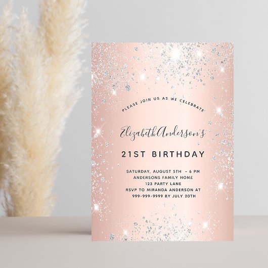 Birthday roos Gold zilverglitter elegant Uitnodiging Briefkaart