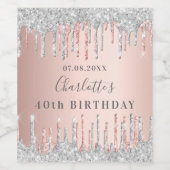 Birthday roos gold zilverglitter monogram wijn etiket (Enkel label)