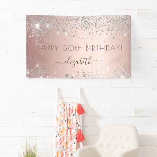 Birthday roos Gold zilverglitter stofmonogram Spandoek