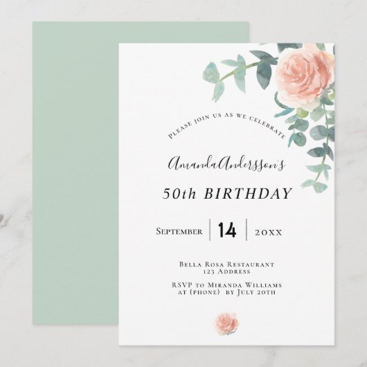 Birthday roos goud florale energie witte elegant kaart (Voorkant / Achterkant)