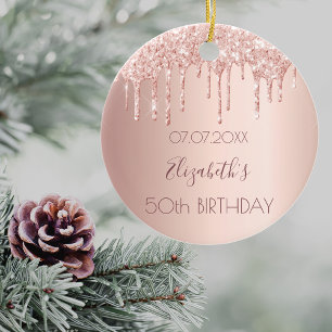 Birthday roos goud glitter druppelt roze 50 keramisch ornament