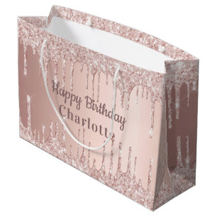 Birthday roos goud glitter druppelt roze monogram groot cadeauzakje
