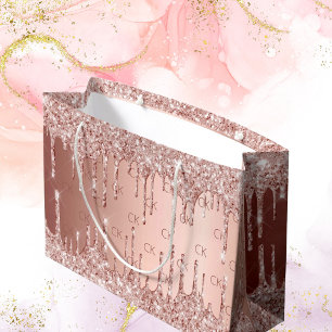 Birthday roos goud glitter druppelt roze monogram groot cadeauzakje