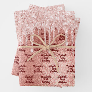 Birthday roos goud glitter roze druppels monogram inpakpapier vel