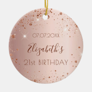 Birthday roos goudbruine glitter naam keramisch ornament