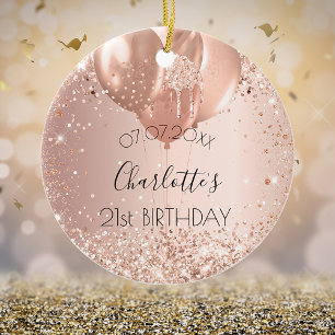 Birthday roos gouden zwarte glitternaamballonnen keramisch ornament