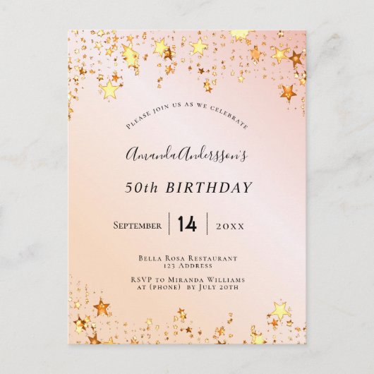 Birthday roos gouden zwarte roze sterren uitnodigi briefkaart (Voorkant)