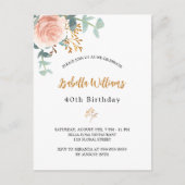 Birthday roos goudflorale eucalyptusgroen uitnodiging briefkaart (Voorkant)