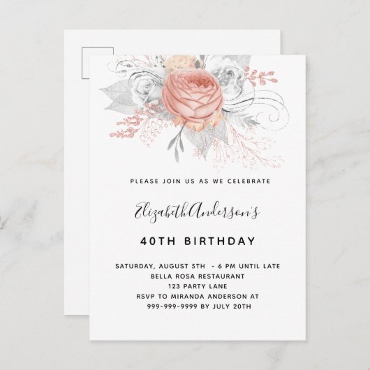 Birthday roos goudfloralen elegant wit uitnodiging briefkaart (Voorkant / Achterkant)