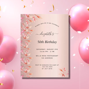 Birthday roos goudroze florale uitnodiging