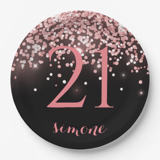 Birthday roos goudroze glitterglazuur 21st papieren bordje (Voorkant)