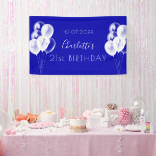 Birthday royal blue ballonnen party spandoek