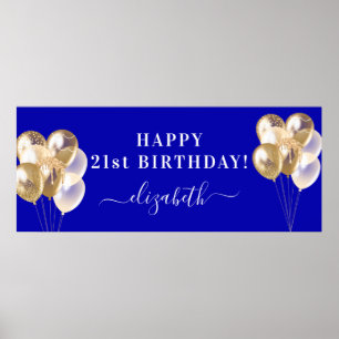 Birthday royal blue gold ballons name script poster