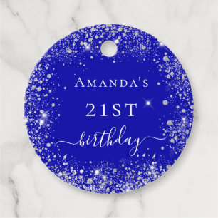 Birthday royal blue zilverglitter monogram bedankjes labels