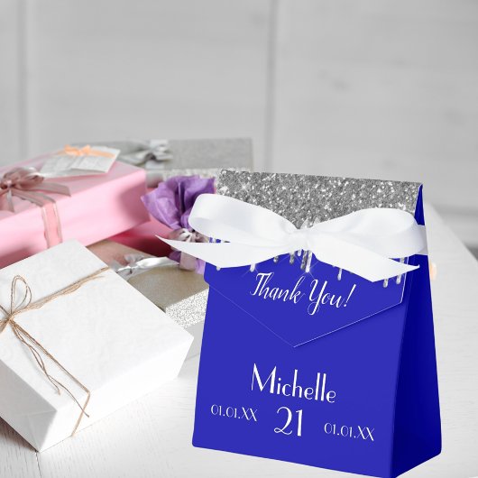 Birthday royal blue zilverglitter white monogram bedankdoosjes