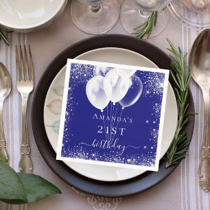Birthday royal blue zilverglitter witte ballonnen servet