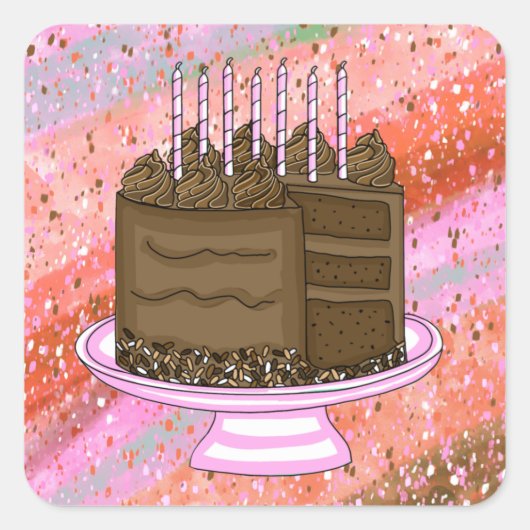 Birthday roze en bruine chocolade Cake Vierkante Sticker (Voorkant)