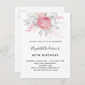 Birthday roze floralen elegant-wit-modern uitnodiging briefkaart (Voorkant / Achterkant)