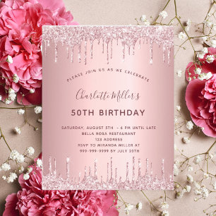 Birthday roze glitter dusty roos budgetuitnodiging flyer