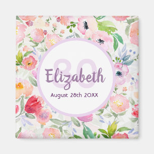 Birthday roze paarse bloemenmonogram magneet