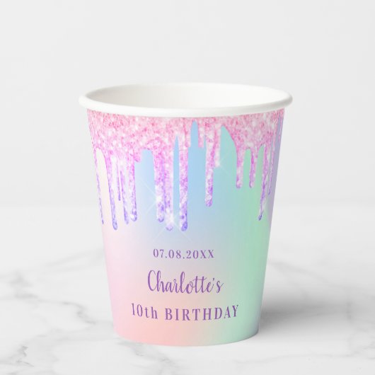 Birthday roze paarse glitter druppelt de regenboog papieren bekers (Voorkant)